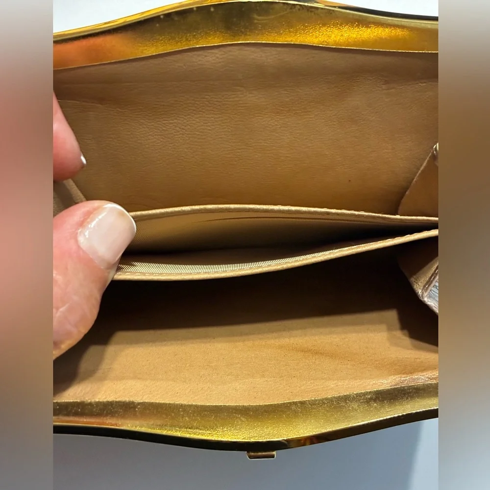 Judith Leiber Snakeskin French Wallet |Vintage 1970s Tan & Gold Leather - Picture 14 of 16